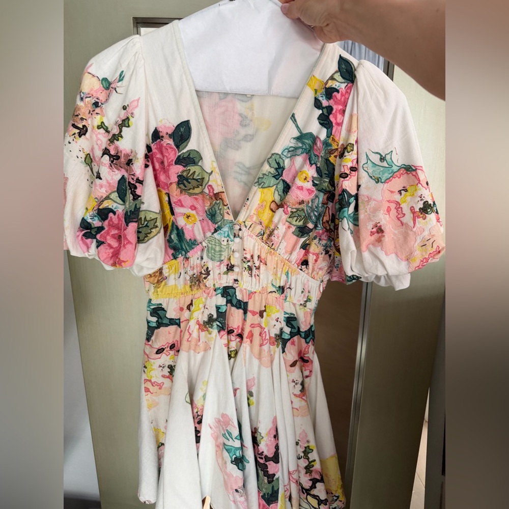 HEMANT & NANDITA White Floral Slip Dress with Pastel Bouquet